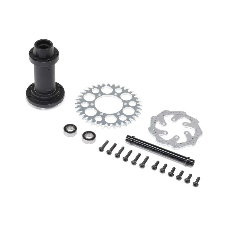 Complete Rear Hub Assembly: Promoto-MX Incl Sproket, Disc, Bearing Support/Axle Spacer, Bearings and Screws