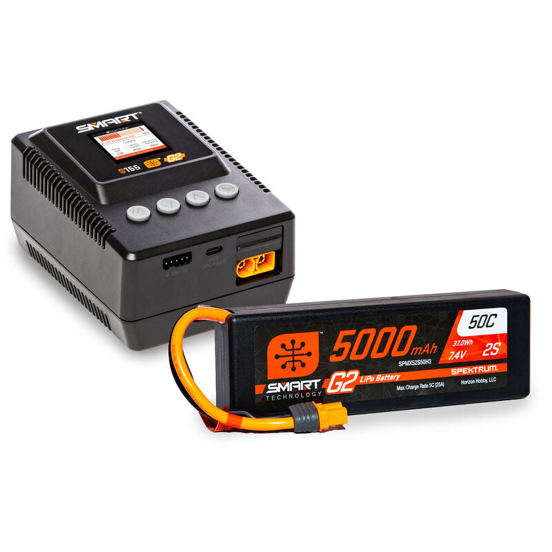 5000mAh 2S 7.4V Smart G2 Lipo 50C with IC3 & S155 Charger Bundle by Spektrum